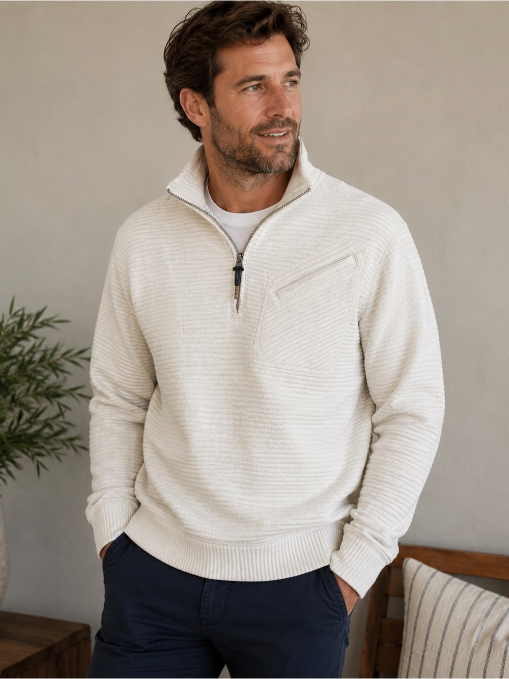 Billy Reid Men’s Quilted Half-Zip Pullover – White – Size M